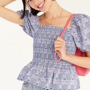 NWT J. Crew Liberty Blue Purple Club Nouveau Floral Smocked Squareneck Top Large